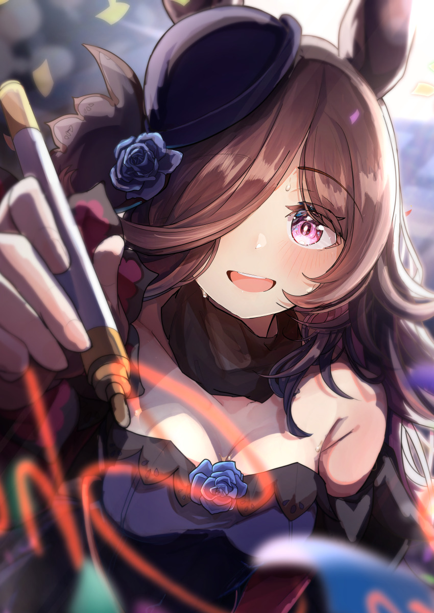 1girl absurdres animal_ears black_hair blurry blurry_background breasts cleavage collarbone flower hair_ornament hair_over_one_eye hat highres horse_ears horse_girl looking_at_viewer pen pov purple_eyes rice_shower_(umamusume) small_breasts solo sweat umamusume writing yu-muge