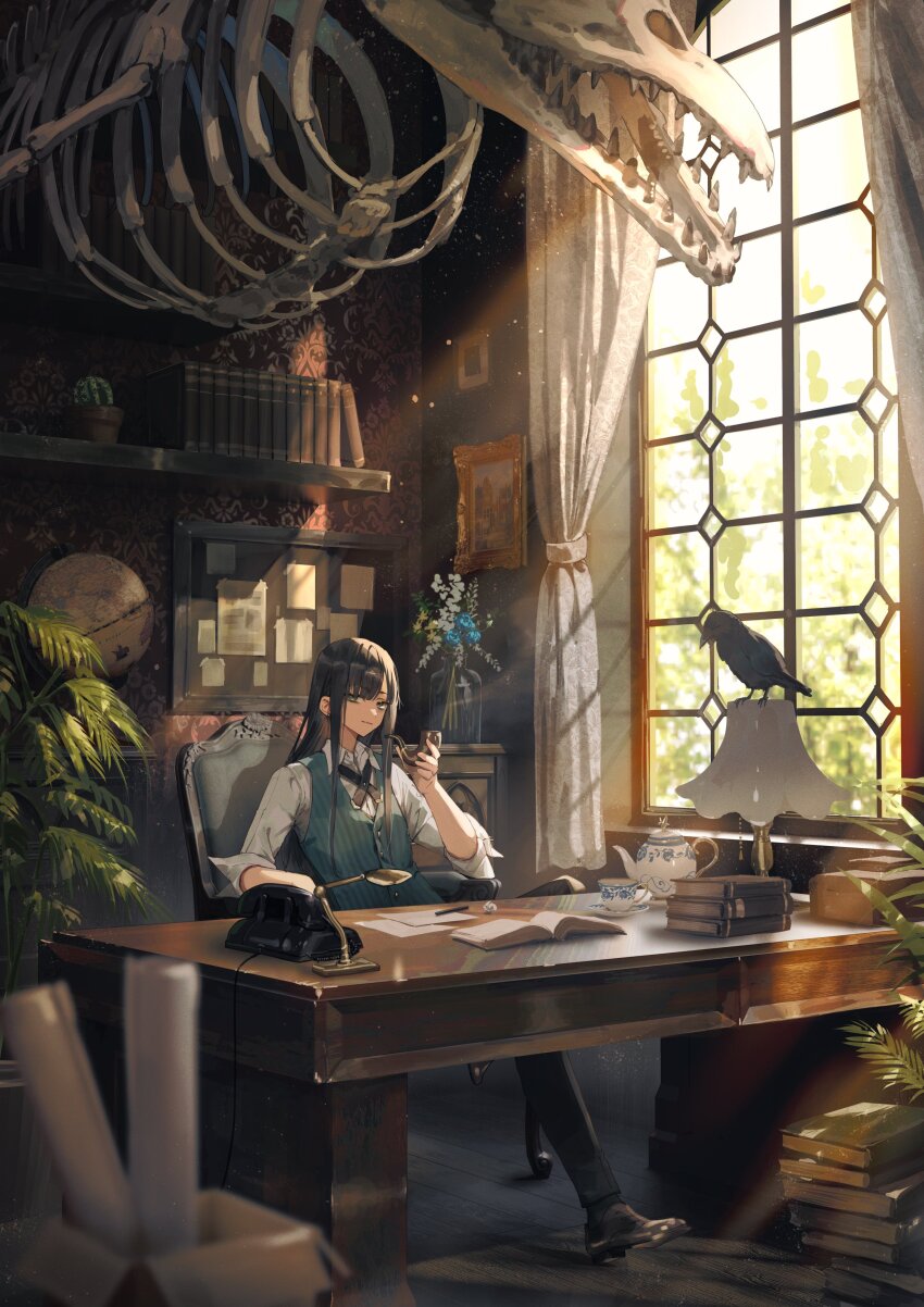 1boy absurdres animal_skeleton bird black_hair black_pants black_ribbon black_shoes blue_eyes blue_flower blue_rose blue_vest blurry blurry_foreground book book_stack box bulletin_board cactus cardboard_box closed_mouth collared_shirt corded_phone crow cup curtains day desk desk_lamp dress_shirt earrings flower flower_pot globe highres holding holding_smoking_pipe indoors jewelry lamp lampshade light_rays long_hair looking_at_viewer male_focus neck_ribbon open_book original pants paper phone picture_frame plant potted_plant ribbon rose saucer shelf shirt shoes sitting sleeves_rolled_up smile smoking smoking_pipe solo stud_earrings sunbeam sunlight teacup teapot utkw_n vest white_shirt window