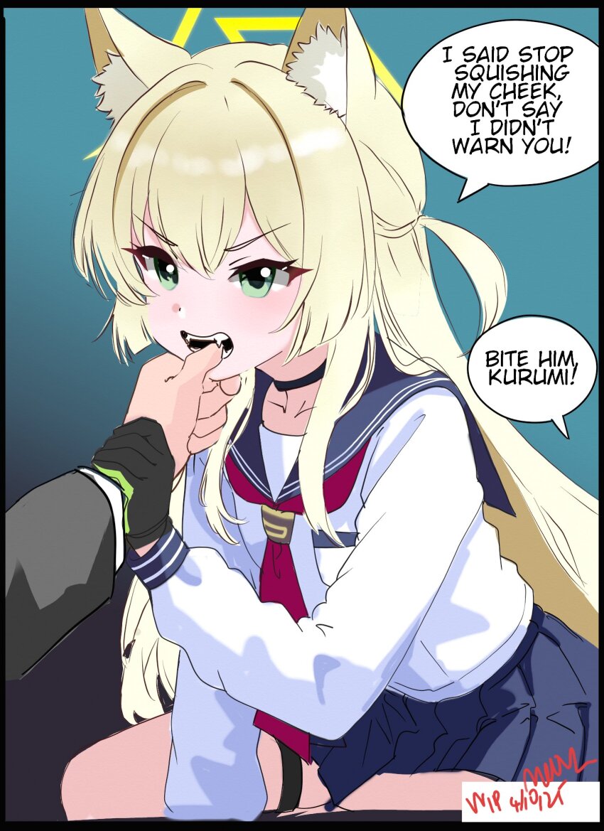 1boy 1girl angry animal_ear_fluff animal_ears aqua_background biting_another&#039;s_finger black_border black_choker black_gloves blonde_hair blue_archive blue_sailor_collar blue_skirt border choker commentary cowboy_shot english_commentary english_text fangs finger_in_another&#039;s_mouth fox_ears fox_girl gloves gradient_background green_eyes hair_between_eyes hair_intakes halo hand_up highres holding_another&#039;s_wrist kurumi_(blue_archive) long_hair long_sleeves looking_ahead melissa_v2 miniskirt neckerchief open_mouth pleated_skirt red_neckerchief sailor_collar school_uniform sensei_(blue_archive) serafuku shirt sidelocks signature simple_background sitting sketch skirt solo_focus speech_bubble teeth thigh_strap two_side_up v-shaped_eyebrows very_long_hair white_shirt yellow_halo