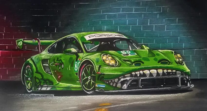 ao_racing car french_commentary imsa_sportscar_championship legaletplat michelin michelin_man motor_vehicle no_humans photo-referenced porsche porsche_911 porsche_992 race_vehicle racecar rexy_(ao_racing) shadow spoiler_(automobile) traditional_media vehicle_focus