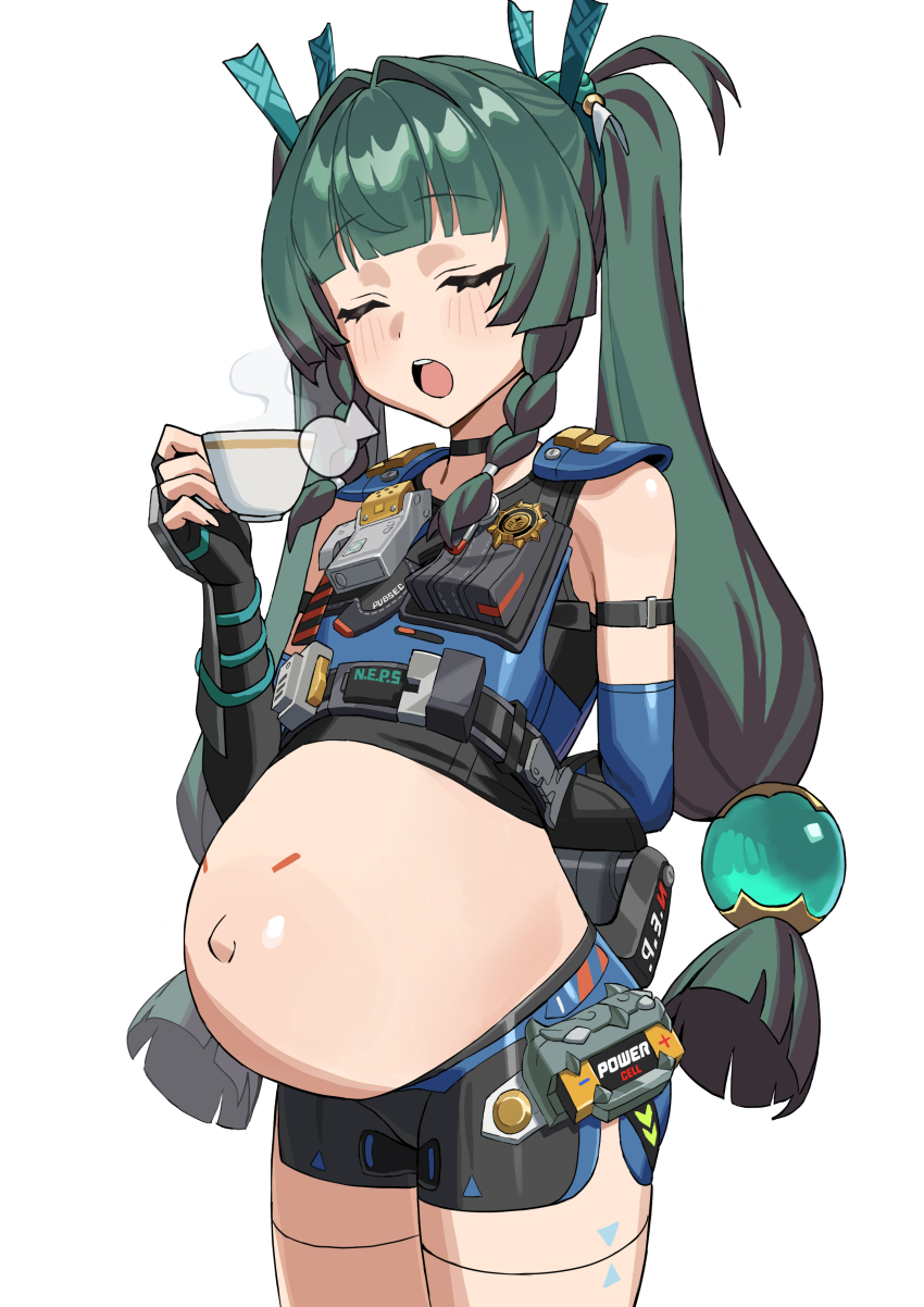 1girl absurdres belly cup dolphin_shorts green_hair hair_tubes highres long_hair navel outie_navel pregnant q_haoyu qingyi_(zenless_zone_zero) robot_girl shorts sidelocks simple_background teacup twintails white_background zenless_zone_zero