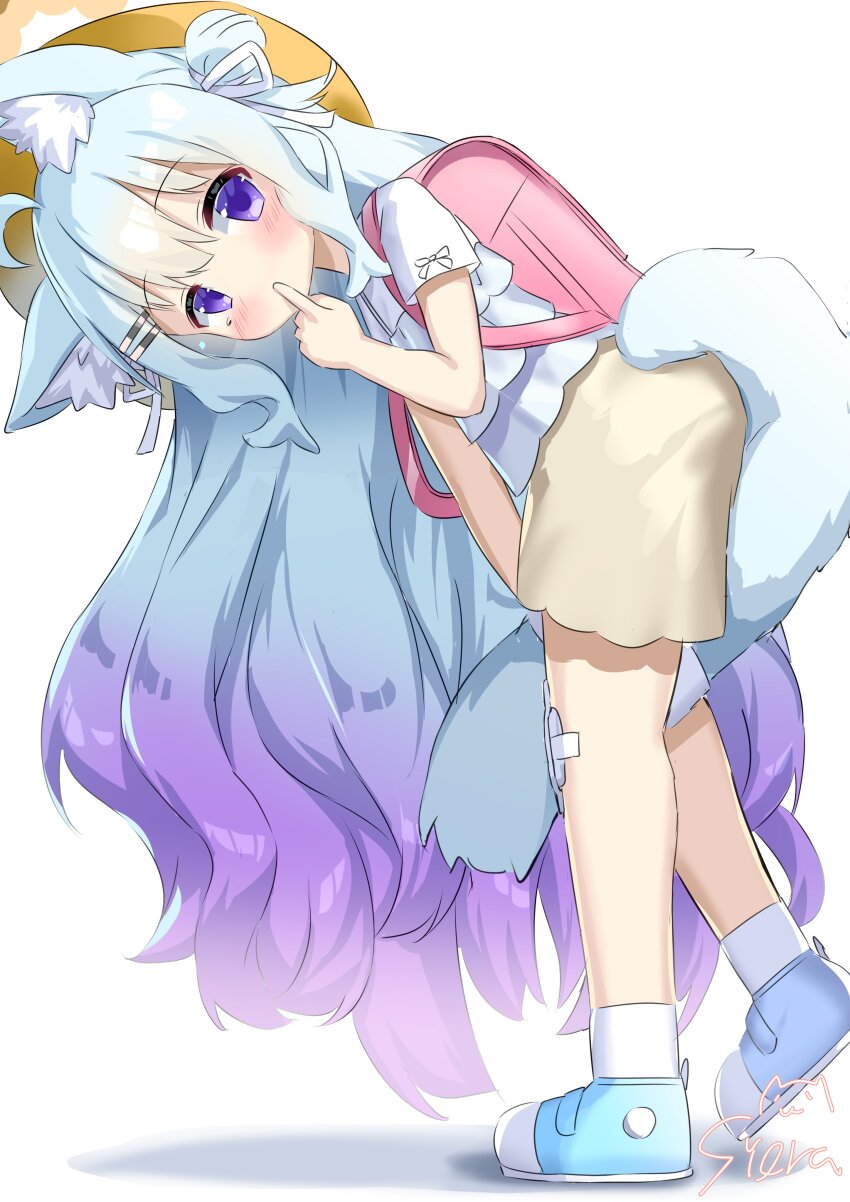 1girl absurdres ahoge animal_ear_fluff animal_ears backpack bag bandaid blue_hair blue_shoes blush bow closed_mouth finger_to_mouth frilled_shirt frills full_body gradient_hair hair_bun hair_ornament hairclip halo hand_up hat highres long_hair looking_at_viewer multicolored_hair original parallel_hairclips pink_bag purple_eyes randoseru ribbon shadow shirt shoes siera_(sieracitrus) signature skirt sleeve_bow sneakers socks solo tail very_long_hair white_background white_ribbon white_shirt white_socks yellow_hat