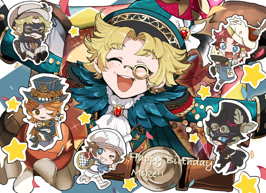 1boy :d ^_^ aqua_hat arms_up ascot bishounen blonde_hair blunt_bangs brooch character_name chibi chibi_inset closed_eyes curtained_hair facing_viewer feather_collar feathered_hair freckles gem happy_birthday hat highres identity_v jewelry light_blush long_sleeves male_focus middle_part mike_morton multiple_persona open_mouth outstretched_arms perorinsr raised_eyebrows red_brooch red_gemstone short_hair smile solo_focus star_(symbol) teeth top_hat upper_teeth_only white_ascot