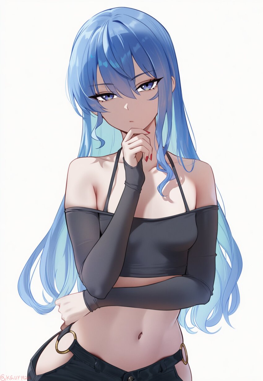 1girl ai-generated black_pants black_shirt blue_eyes blue_hair breasts closed_mouth clothing_cutout collarbone crop_top expressionless hair_between_eyes hand_on_own_chin highres hip_vent hololive hoshimachi_suisei kguy1920 long_hair long_sleeves looking_at_viewer nail_polish navel o-ring o-ring_bottom off-shoulder_shirt off_shoulder pants red_nails shirt sleeves_past_wrists small_breasts solo star_(symbol) star_in_eye symbol_in_eye virtual_youtuber white_background