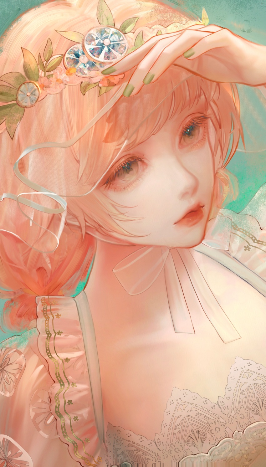 1girl absurdres aqua_background blue_flower bow bowtie breasts brown_eyes cleavage closed_mouth collarbone commentary dress english_commentary expressionless eyelashes eyeshadow flower frilled_dress frills green_nails hand_on_own_head head_wreath highres jiaopiupiu leaf lipstick long_hair looking_ahead low-tied_long_hair makeup nail_polish nikki_(nikki) nikki_(series) pink_eyeshadow pink_hair puffy_short_sleeves puffy_sleeves red_lips ribbon see-through_clothes see-through_sleeves see-through_veil shining_nikki short_sleeves solo square_neckline upper_body veil white_bow white_bowtie white_dress white_flower white_ribbon white_veil
