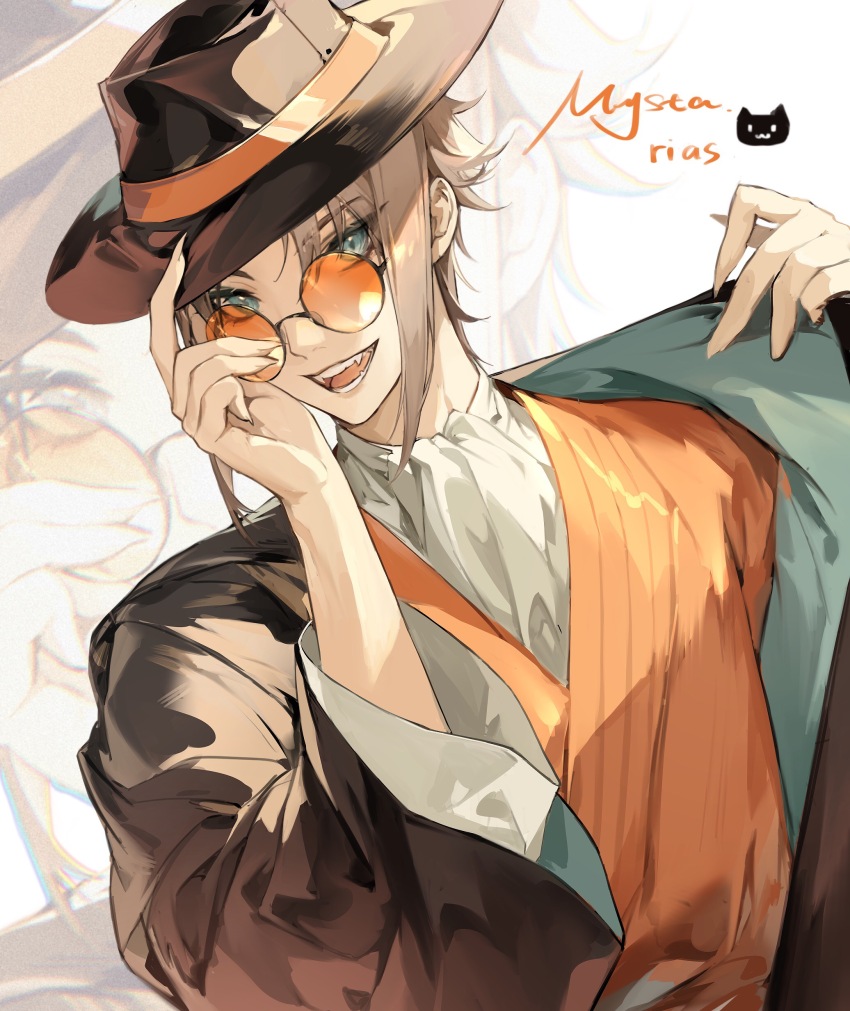 1boy :d absurdres adjusting_eyewear ascot black_hat black_jacket blue_eyes brown_hair character_name chinese_commentary clothes_pull e_(h798602056) fangs fedora fingernails haori hat highres jacket jacket_pull japanese_clothes kimono long_sleeves looking_at_viewer male_focus mysta_rias nijisanji nijisanji_en open_clothes open_jacket open_mouth orange-tinted_eyewear orange_kimono parted_bangs round_eyewear sharp_fingernails shirt short_hair sidelocks sideways_glance simple_background smile solo tinted_eyewear upper_body virtual_youtuber white_ascot white_background white_shirt zoom_layer