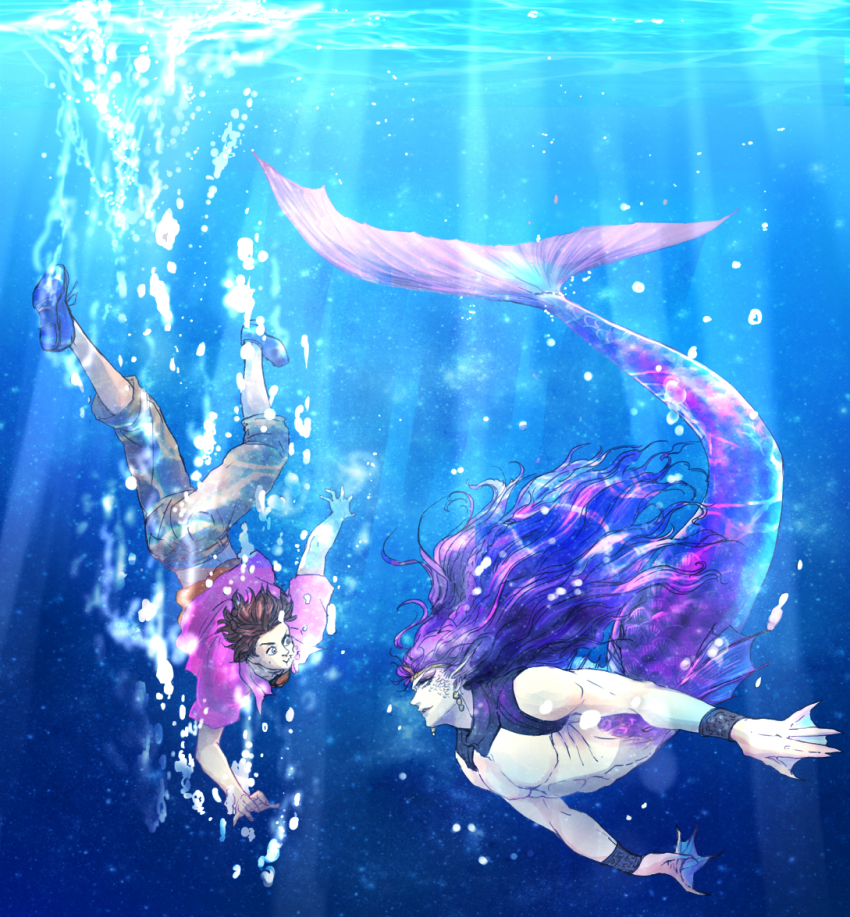 2boys brown_hair fins george_joestar_ii head_fins ichimoku_(tansio5) jojo_no_kimyou_na_bouken kars_(jojo) male_focus mermaid merman monster_boy monster_girl multiple_boys purple_hair shorts underwater