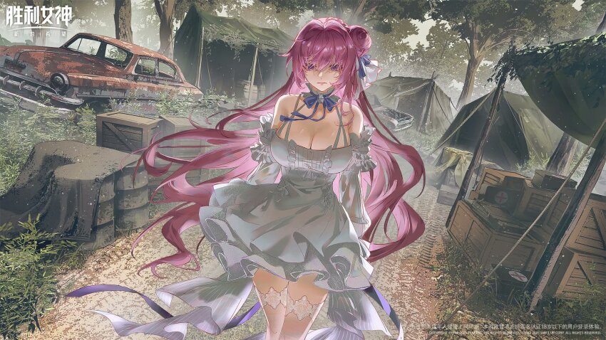 1girl bare_shoulders blurry box breasts car cleavage copyright_name day depth_of_field detached_sleeves dorothy_(nikke) dress dutch_angle flower-shaped_hair frilled_dress frills goddess_of_victory:_nikke hair_bun hair_intakes highres large_breasts long_hair motor_vehicle official_art pink_hair purple_ribbon ribbon single_side_bun solo standing thighhighs third-party_source tree very_long_hair white_dress
