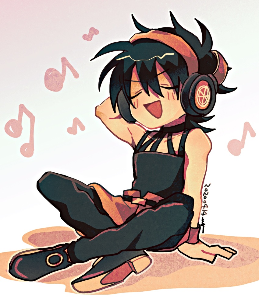 1boy androgynous black_hair blush choker deformed hairband highres jojo_no_kimyou_na_bouken male_focus mikage_kazuki narancia_ghirga open_mouth smile solo vento_aureo wristband