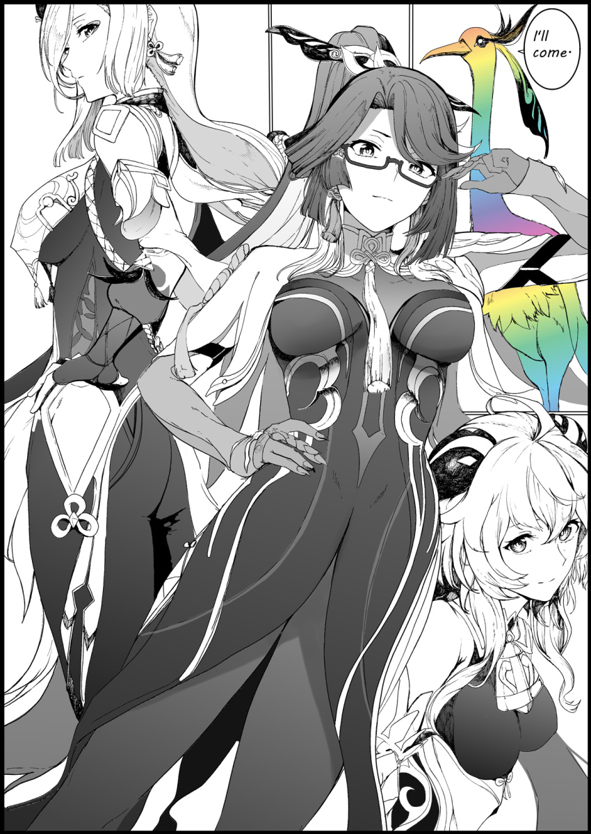3girls ahoge bare_shoulders bell bird bodystocking bodysuit braid breasts china_dress chinese_clothes cloud_retainer_(genshin_impact) colored_inner_hair crane_(animal) detached_sleeves dress earrings elbow_gloves feather_hair_ornament feathers ganyu_(genshin_impact) genshin_impact glasses gloves greyscale hair_ornament hair_over_one_eye high_ponytail highres hip_vent horns jewelry large_breasts long_hair looking_at_viewer looking_back low-braided_long_hair low-tied_long_hair monochrome multicolored_hair multiple_girls pantyhose partially_fingerless_gloves ponytail shenhe_(genshin_impact) sidelocks smile spot_color swept_bangs syatey tabard tassel tassel_earrings thighs two-tone_hair very_long_hair wide_sleeves xianyun_(genshin_impact)