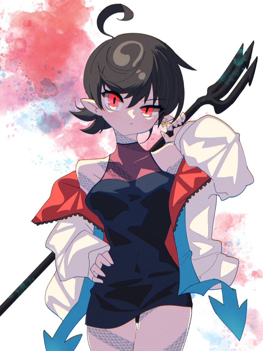 1girl ahoge alternate_costume black_dress black_hair breasts closed_mouth commentary_request cowboy_shot dress earrings fingernails frown full-body_tattoo hand_on_own_hip highres holding holding_polearm holding_weapon houjuu_nue jacket jewelry looking_at_viewer medium_breasts no_wings nue_day open_clothes open_jacket pencil_dress pointy_ears polearm red_eyes ryouryou short_dress short_hair single_earring sleeveless sleeveless_dress snake_tattoo solo tattoo touhou trident uneven_eyes weapon white_jacket