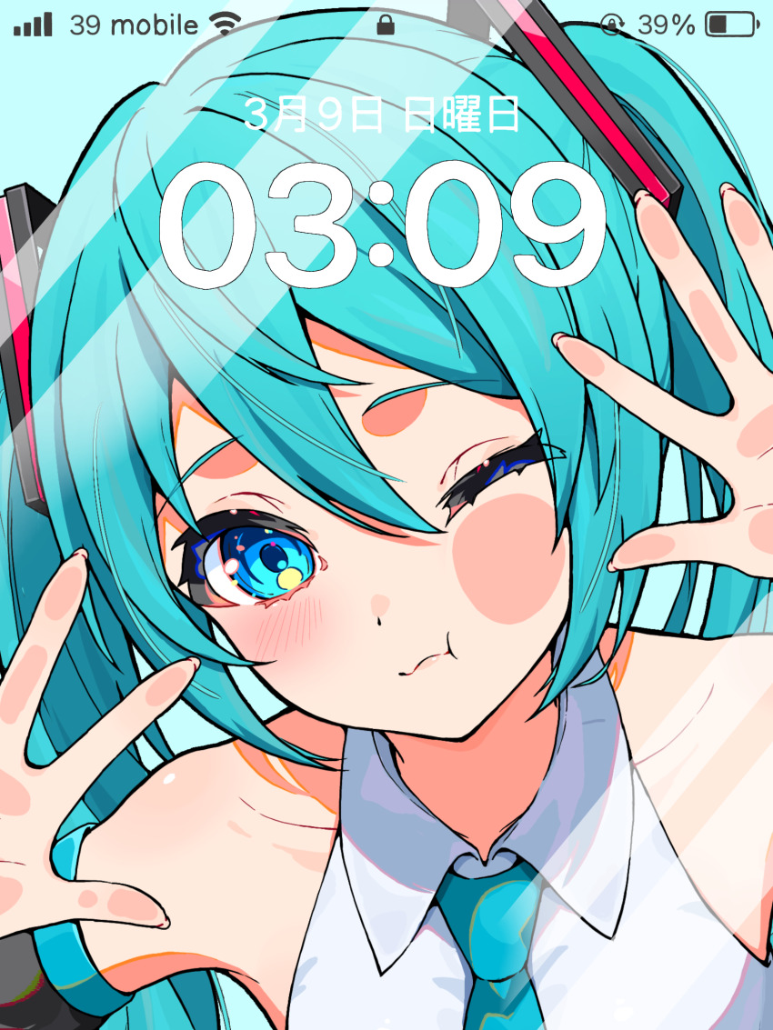 1girl 39 :s :t against_glass aqua_eyes aqua_hair aqua_necktie bare_shoulders battery_indicator black_sleeves blush collarbone collared_shirt commentary_request detached_sleeves double-parted_bangs fake_phone_screenshot fake_screenshot fingernails hatsune_miku hatsune_miku_(vocaloid3) highres long_hair looking_at_viewer miku_day necktie one_eye_closed portrait shirt solo twintails uzuki_sena vocaloid white_shirt wi-fi_symbol