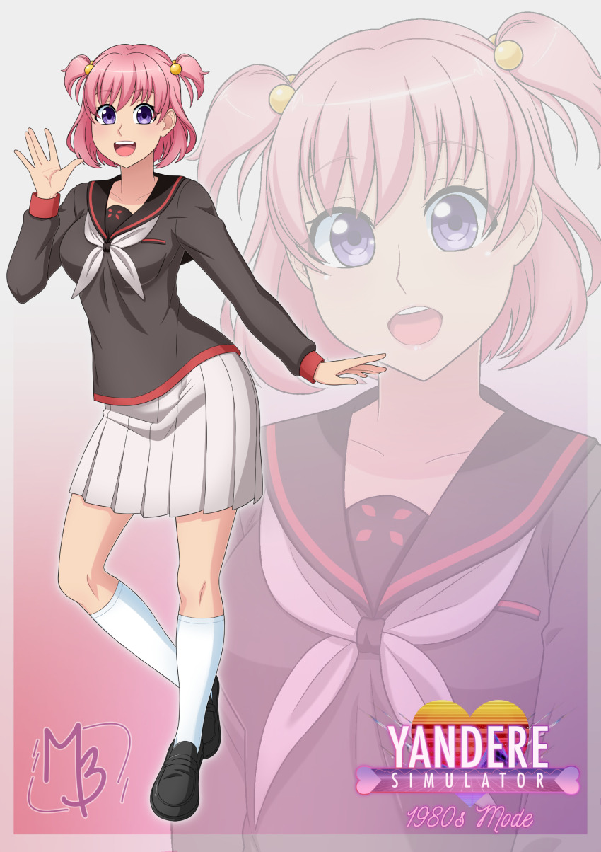 1girl absurdres black_shoes breasts collared_shirt commentary copyright_name english_commentary gradient_background grey_serafuku hair_ornament highres kaguya_wakaizumi leg_up looking_at_viewer mulberry_(mulberry_elixir) multicolored_background neckerchief official_art pearl_hair_ornament pink_background pink_hair purple_eyes sanpaku school_uniform serafuku shirt shoes short_twintails signature skirt small_breasts solo striped_clothes teeth thighhighs twintails upper_teeth_only white_background white_neckerchief white_skirt white_thighhighs yandere_simulator zettai_ryouiki