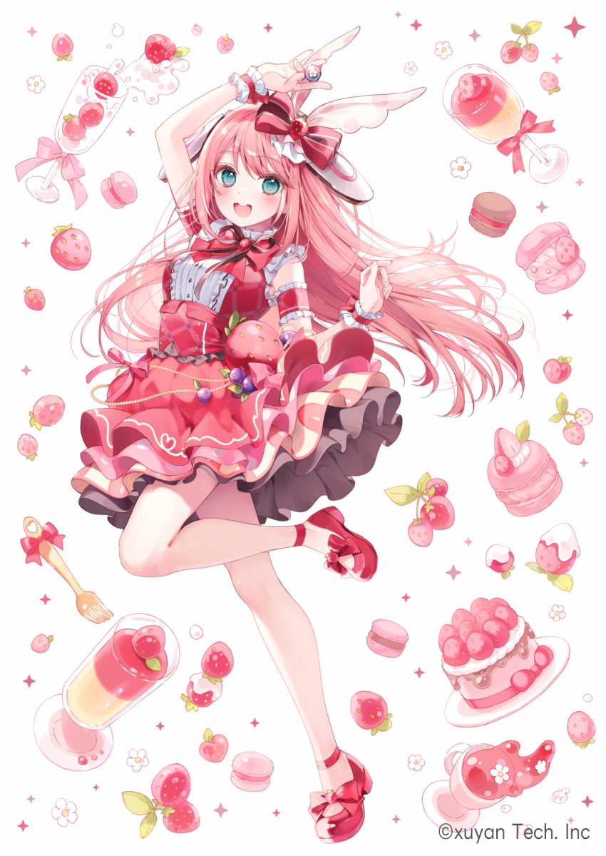 1girl a20_(atsumaru) blue_eyes blush bow copyright_request dress frilled_dress frills hair_bow highres long_hair official_art pink_hair red_dress round_teeth standing standing_on_one_leg teeth upper_teeth_only