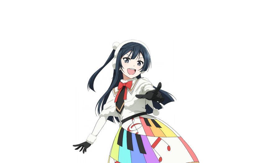 1girl black_gloves black_hair blush capelet colorful_dreams!_colorful_smiles!_(love_live!) cosplay cowboy_shot dress earmuffs fur-trimmed_capelet fur-trimmed_collar fur-trimmed_gloves fur_trim gloves grey_eyes highres long_hair looking_at_viewer love_live! love_live!_nijigasaki_high_school_idol_club love_live!_school_idol_festival_2 musical_note musical_note_print neck_ribbon official_art one_side_up open_mouth outstretched_arm pointing pointing_at_viewer rainbow_skirt red_ribbon ribbon sidelocks solo teeth transparent_background upper_teeth_only v-shaped_eyebrows white_capelet white_dress yuki_setsuna yuki_setsuna_(cosplay)