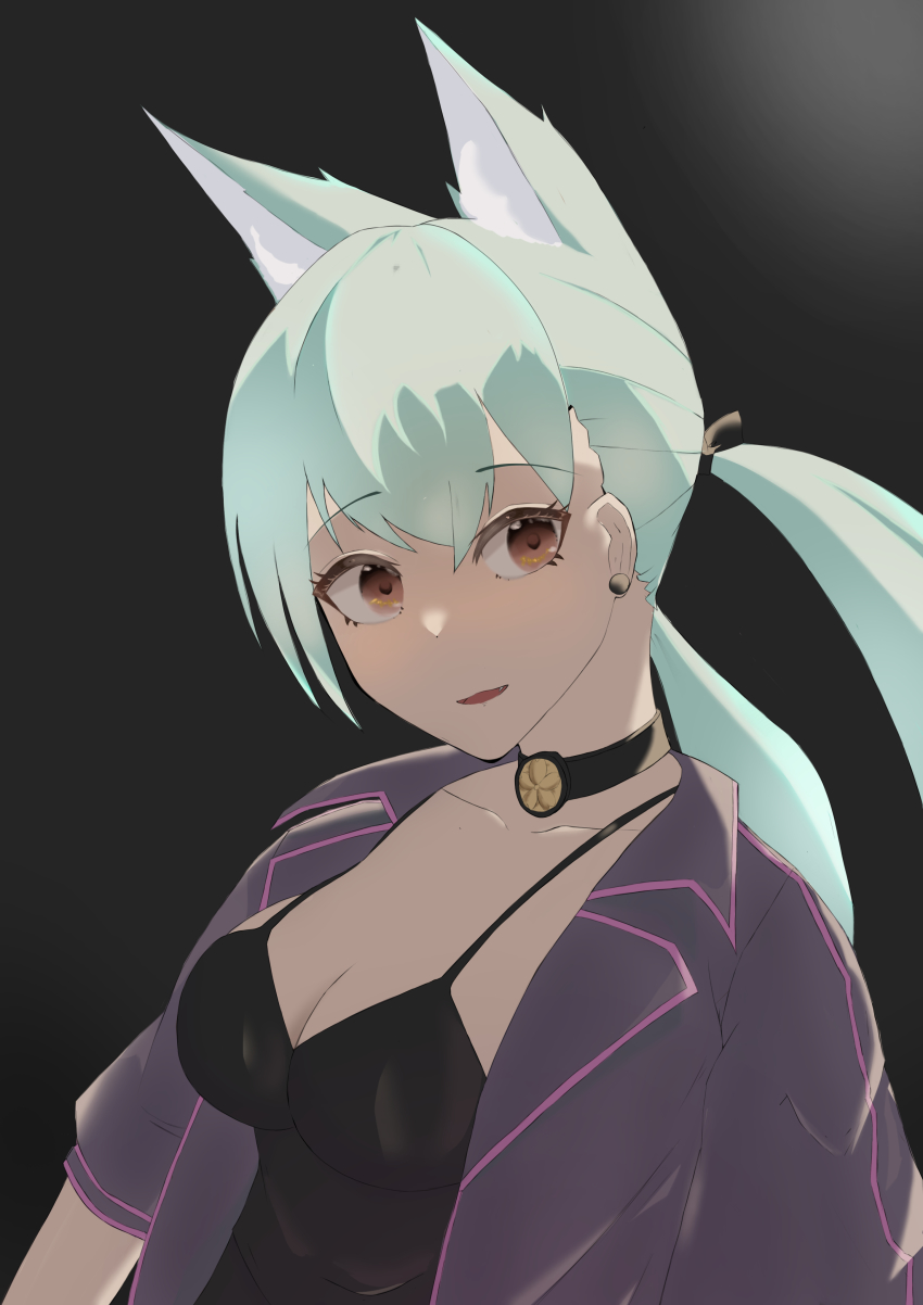 1girl absurdres animal_ears aoba_(azur_lane) aqua_hair azur_lane black_background black_choker black_tank_top breasts brown_eyes choker cleavage ear_piercing highres jacket long_hair medium_breasts nagatokks open_clothes open_jacket piercing purple_jacket sakuramon short_sleeves solo spaghetti_strap tank_top twintails upper_body