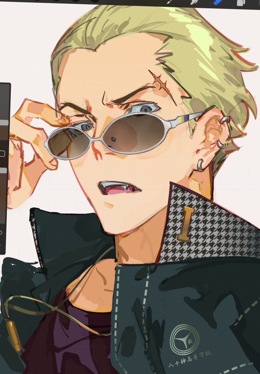 1boy arm_up art_program_in_frame black_jacket blonde_hair collared_jacket crew_neck ear_piercing earrings fingernails glasses grey-framed_eyewear grey_eyes hair_slicked_back highres houndstooth jacket jewelry looking_at_viewer male_focus multiple_earrings necklace open_clothes open_jacket open_mouth persona persona_4 piercing popped_collar purple_shirt scar scar_on_face scar_on_forehead school_uniform shirt simple_background solo suit_jacket sunglasses tatsumi_kanji teeth tongue unfinished upper_body upper_teeth_only white_background widow&#039;s_peak yasogami_school_uniform yuuyuyuraru