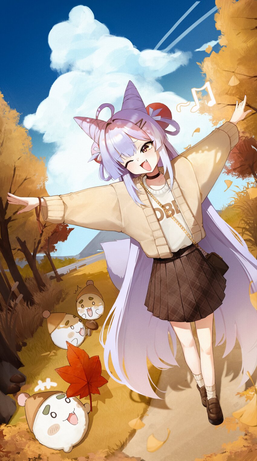 1girl absurdres ahoge autumn autumn_leaves beanie black_skirt blue_sky blush_stickers brown_cardigan brown_shoes cardigan clothes_writing cloud cloudy_sky commentary cone_hair_bun creature day double_bun fang full_body ginkgo_leaf hair_bun hair_ornament hair_rings hairclip hat highres inari_(tenko_shibuki) leaf loafers long_hair long_sleeves maple_leaf miniskirt musical_note nalnari_(wkdrn0624) one_eye_closed open_cardigan open_clothes open_mouth outdoors outstretched_arms parted_bangs path pink_pupils pleated_skirt pom_pom_(clothes) pom_pom_beanie print_shirt purple_hair road shadow shirt shirt_tucked_in shoes skirt sky smile socks spread_arms standing stellive straight_hair symbol-only_commentary tenko_shibuki tree very_long_hair virtual_youtuber white_shirt white_socks yellow_eyes