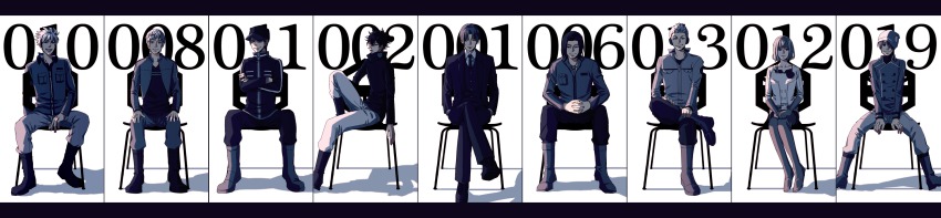 10s 1girl 1other 6+boys androgynous arafune_tetsuji azuma_haruaki beanie between_fingers boots buttons chair chano_makoto cigarette closed_mouth collared_shirt cropped_jacket cross-laced_clothes crossed_arms crossed_legs double-breasted dress_shirt formal_clothes hands_in_pockets hands_on_own_knees hat headphones headphones_around_neck highres holding interlocked_fingers jacket kageura_masato kakizaki_kuniharu kuruma_tatsuya letterboxed long_image long_sleeves looking_at_viewer messy_hair multiple_boys nasu_rei necktie ninomiya_masataka on_chair own_hands_together pants pantyhose parted_bangs shade shadow shirt shoes short_hair silver_hair sitting sitting_sideways smile spiked_hair suit suwa_koutarou v_(bui) white_background white_shirt wide_image world_trigger zipper