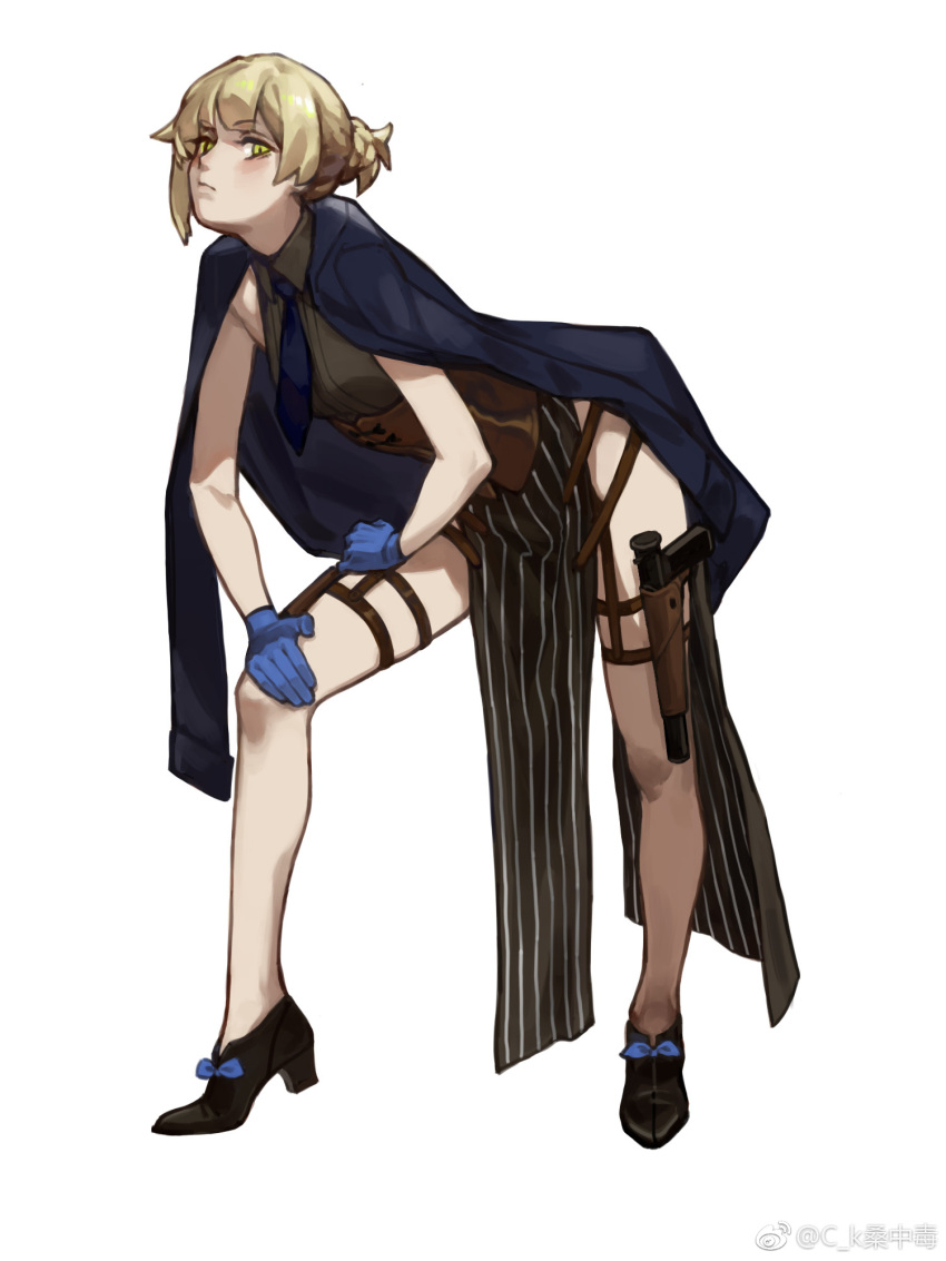 1girl bad_link black_shoes blonde_hair blue_gloves creamyghost girls&#039;_frontline gloves green_eyes gun handgun highres necktie shoes short_hair weapon welrod_mkii_(girls&#039;_frontline)