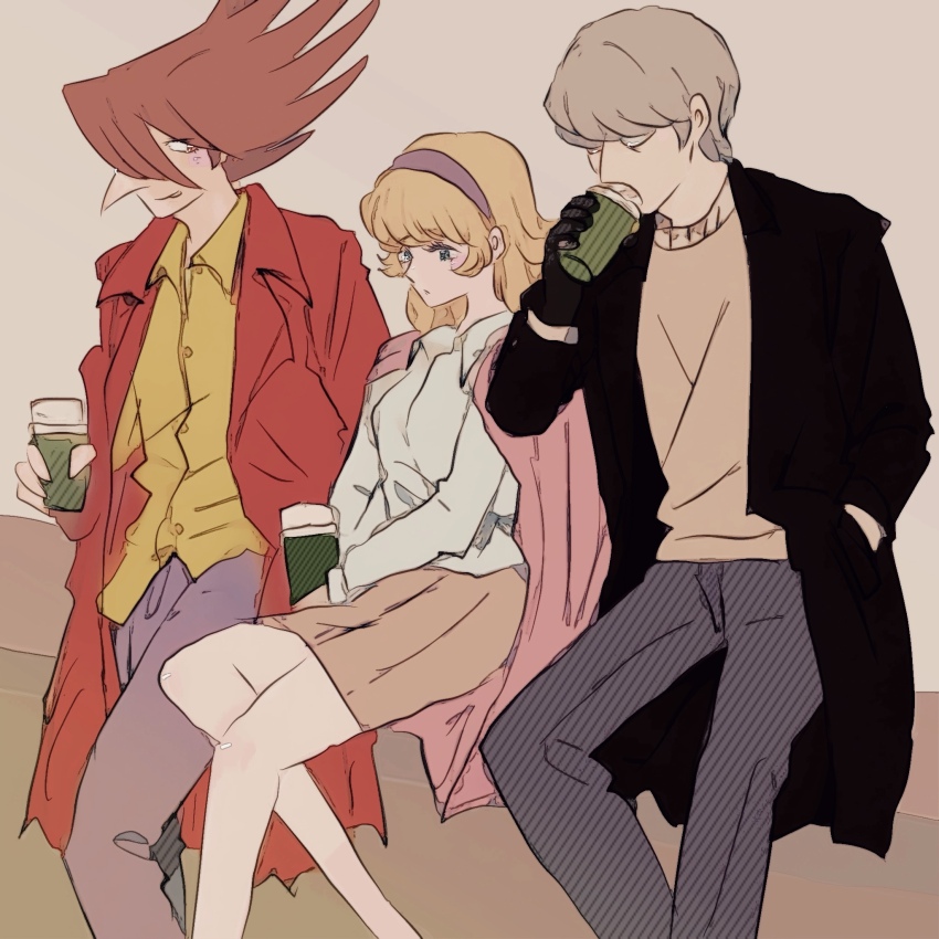 1girl 2boys albert_heinrich blonde_hair blue_eyes brown_skirt coat cup cyborg cyborg_009 disposable_coffee_cup disposable_cup francoise_arnoul grey_hair hairband highres jet_link long_hair multiple_boys orange_hair pink_coat pink_hairband sariokisu shirt short_hair skirt white_eyes white_shirt