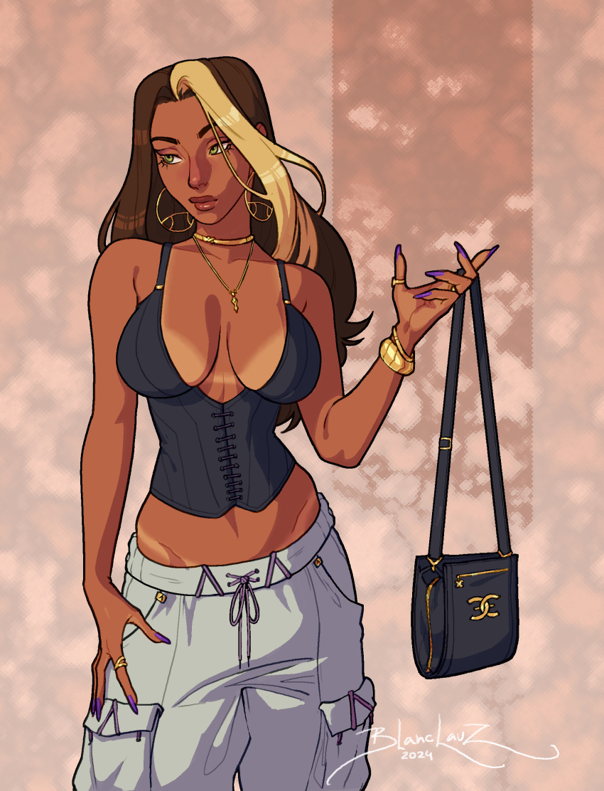 1girl absurdres aged_up alternate_hair_length alternate_hairstyle arm_at_side bag baggy_pants bikini_tan black_bustier blanclauz blonde_hair breasts brown_hair brown_lips bustier cargo_pants commentary dark-skinned_female dark_skin earrings english_commentary fake_nails fashion fingernails gold_choker green_eyes grey_pants handbag highres hoop_earrings jewelry large_breasts long_fingernails long_hair looking_to_the_side lowleg lowleg_pants mature_female mismatched_eyebrows modeling multicolored_hair multiple_rings necklace nina_(blanclauz) original pants purple_nails ring sleeveless solo streaked_hair tan tanline thumb_ring two-tone_hair wedding_ring y2k_fashion