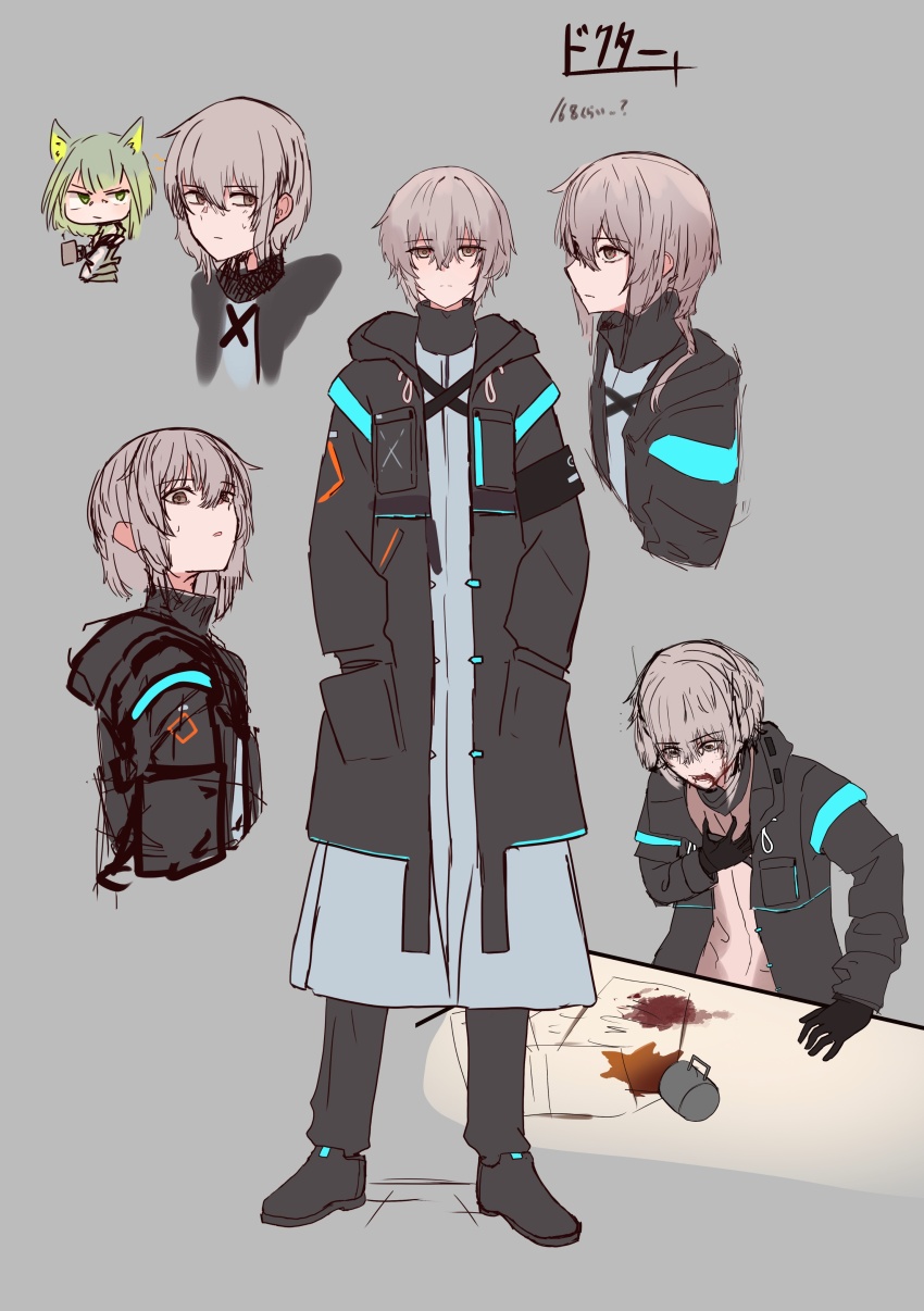 ... absurdres animal_ears arknights black_coat black_gloves brown_eyes chibi closed_mouth coat commentary coughing doctor_(arknights) drink expressionless eyes_visible_through_hair female_doctor_(arknights) gloves green_eyes green_hair grey_background grey_hair hair_between_eyes hand_on_own_chest hands_in_pockets highres kal&#039;tsit_(arknights) long_sleeves looking_to_the_side multiple_views open_clothes open_coat open_mouth short_hair sideways_glance simple_background sketch spill split_mouth staring suzubotan sweatdrop
