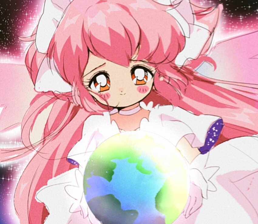 1990s_(style) 1girl absurdly_long_hair angel_wings bad_id bad_twitter_id blush_stickers bow bright_pupils choker closed_mouth commentary cowboy_shot dot_nose dress earth_(planet) english_commentary eyelashes faux_retro_artstyle gloves glowing hair_bow happy honeymoonpetal kaname_madoka long_dress long_hair magia_record:_mahou_shoujo_madoka_magica_gaiden mahou_shoujo_madoka_magica mahou_shoujo_madoka_magica_(anime) orange_eyes outline pink_hair pink_outline pink_wings planet pleated_sleeves retro_artstyle short_sleeves sketch smile solo space space_print sparkle star_(sky) starry_sky_print tareme two-sided_sleeves two_side_up ultimate_madoka very_long_hair white_bow white_choker white_dress white_gloves white_pupils wings