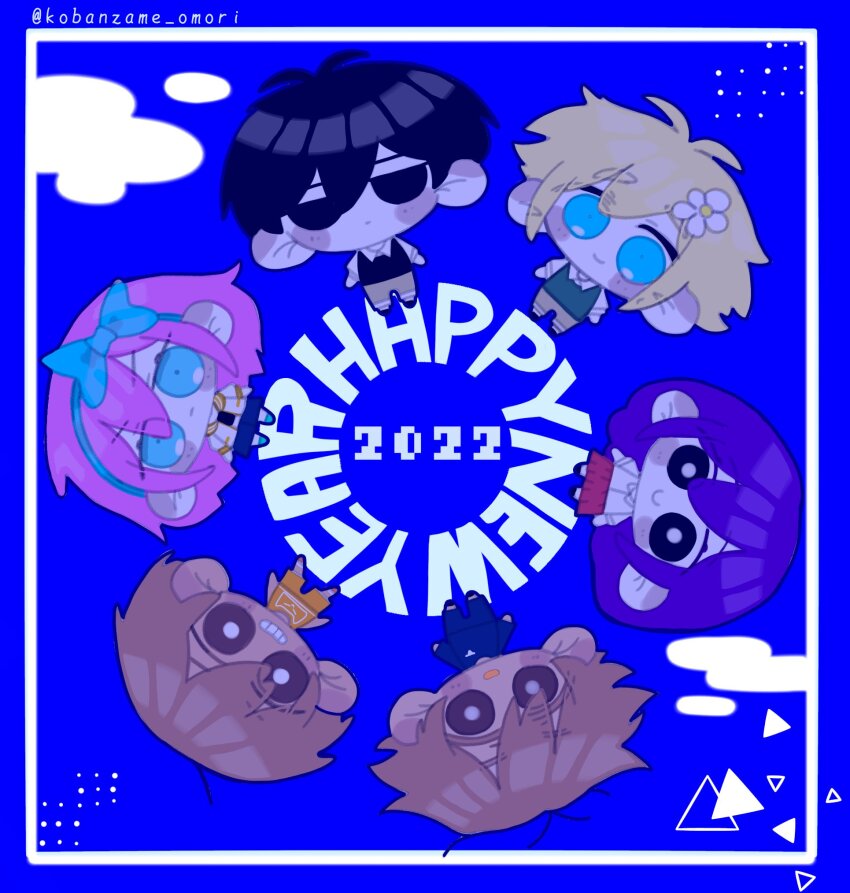 2022 antenna_hair arms_at_sides aubrey_(faraway)_(omori) aubrey_(omori) basil_(faraway)_(omori) basil_(omori) black_eyes black_footwear black_hair black_shirt black_sweater_vest blonde_hair blue_background blue_eyes blue_hairband blue_pants blue_shirt blue_skirt bow_hairband bright_pupils brother_and_sister brothers brown_eyes brown_hair brown_shorts chibi chibi_only closed_mouth collared_shirt commentary dark-skinned_male dark_skin denim denim_skirt double-parted_bangs empty_eyes english_commentary flower full_body green_sweater_vest grin hair_behind_ear hair_between_eyes hair_flower hair_ornament hairband happy_new_year hero_(faraway)_(omori) hero_(omori) highres inset_border jacket kel_(faraway)_(omori) kel_(omori) kobanzame_omo long_hair long_sleeves looking_at_viewer mari_(faraway)_(omori) mari_(omori) new_year no_pupils omori open_mouth orange_shorts orange_tank_top pants pink_hair purple_hair red_skirt sailor_collar shirt short_hair short_sleeves shorts siblings simple_background skirt smile sunny_(omori) sweater_vest tank_top twitter_username v-shaped_eyebrows white_flower white_jacket white_pupils white_shirt