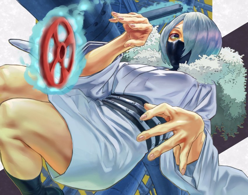 1girl belt black_background black_footwear black_mask boku_no_hero_academia commentary_request eyebrows_hidden_by_hair fingernails fur_collar green_eyes hair_over_one_eye highres industrial_pipe japanese_clothes kimono mask one_eye_covered short_hair silver_hair solo steel_beam telekinesis valve white_background yanagi_reiko yomoyama_yotabanashi yukata