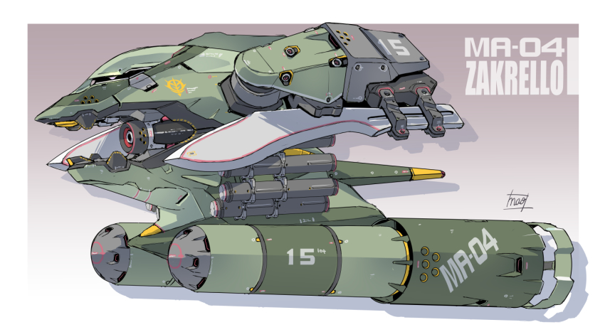 character_name from_side gundam mao_(6r) mecha mecha_focus mobile_armor mobile_suit_gundam no_humans one-eyed redesign robot science_fiction signature solo white_eyes zakrello