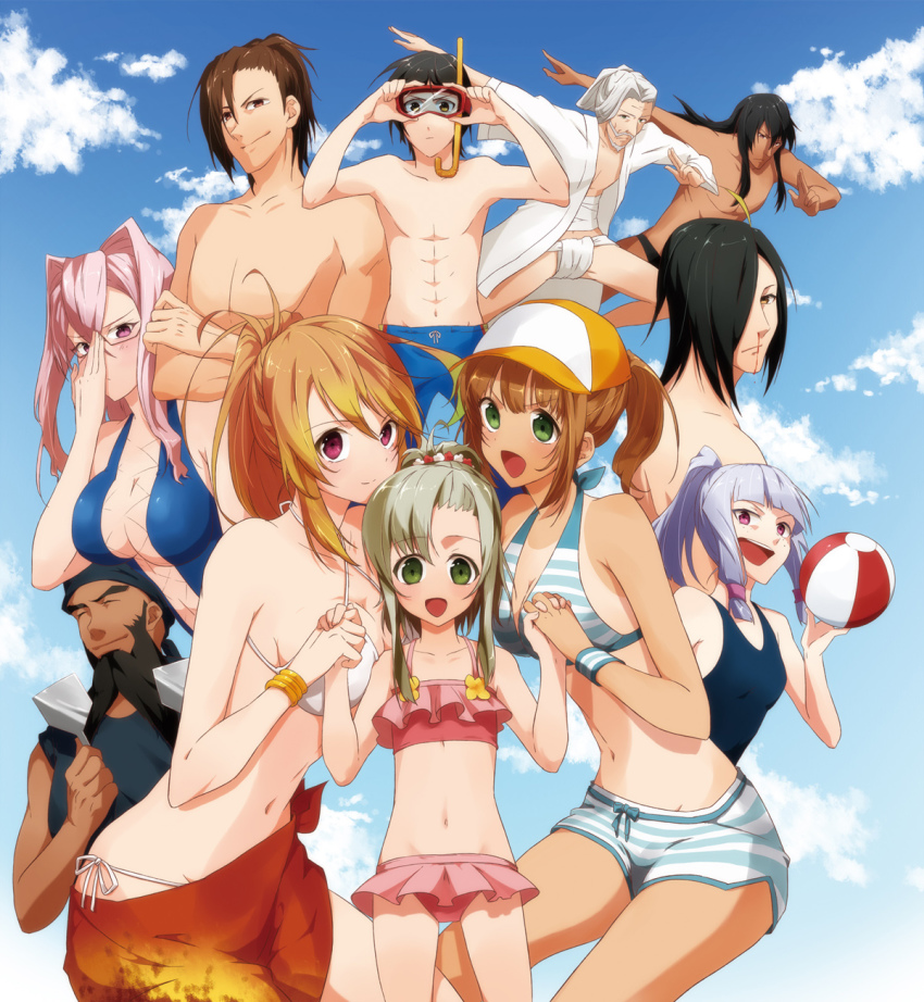 5girls 6+boys abs agria_(tales) alvin_(tales) bare_shoulders beard bikini black_hair blood blush breasts brown_hair cleavage closed_eyes cloud dark_skin elize_lutus facial_hair freckles gaius_(tales) glasses green_eyes green_hair grey_hair hat high_ponytail highres jiao_(tales) jude_mathis leia_rolando long_hair looking_at_viewer midriff milla_maxwell multiple_boys multiple_girls navel nosebleed open_mouth outdoors pink_eyes pink_hair ponytail presa_(tales) red_eyes ribbon rowen_j._ilbert short_hair sky smile swimsuit tales_of_(series) tales_of_xillia tan wingul_(tales)