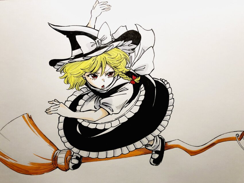 1girl black_hat black_shoes black_skirt black_vest blonde_hair bow braid broom broom_surfing frilled_hat frilled_skirt frills full_body hat hat_bow highres kirisame_marisa mary_janes open_mouth puffy_short_sleeves puffy_sleeves red_eyes s590220 shirt shoes short_sleeves side_braid simple_background single_braid skirt socks solo touhou traditional_media vest white_background white_shirt white_socks witch witch_hat