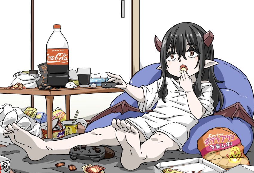 1girl afolo bag bag_of_chips barefoot bean_bag_chair black_hair broken_horn chopsticks coca-cola controller cup demon_girl demon_horns demon_wings drinking_glass eating fang feet food game_controller hair_between_eyes highres holding holding_remote_control horns indoors long_hair messy_room nintendo_switch_pro_controller open_mouth original pizza pizza_box pizza_slice plastic_bag plastic_bottle pointy_ears reclining remote_control shirt short_sleeves solo table tissue_box toes used_tissue webp-to-png_conversion white_shirt wings