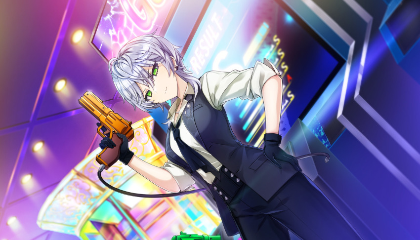 arcade black_gloves black_necktie black_pants black_vest breasts closed_mouth dolphin_wave game_cg gloves green_eyes grey_hair hand_on_own_hip highres holding_toy_gun indoors long_sleeves looking_at_viewer necktie non-web_source official_art ootomo_takuji pants playing_games sarah_anthony shirt shooting_gallery short_hair sleeves_rolled_up smile toy_gun vest video_game white_shirt