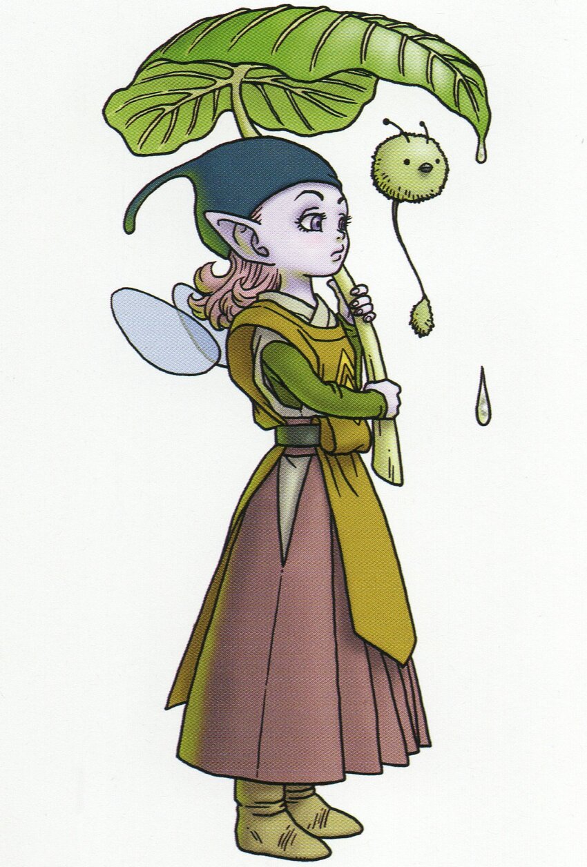 1girl 1other androgynous animal blue_hair closed_mouth colored_skin dragon_quest dragon_quest_x elf_(dq10) fairy_wings full_body hair_slicked_back hakama highres holding holding_leaf japanese_clothes leaf leaf_umbrella looking_ahead official_art pink_hair purple_eyes purple_skin scan solo solo_focus third-party_source toriyama_akira white_background wings