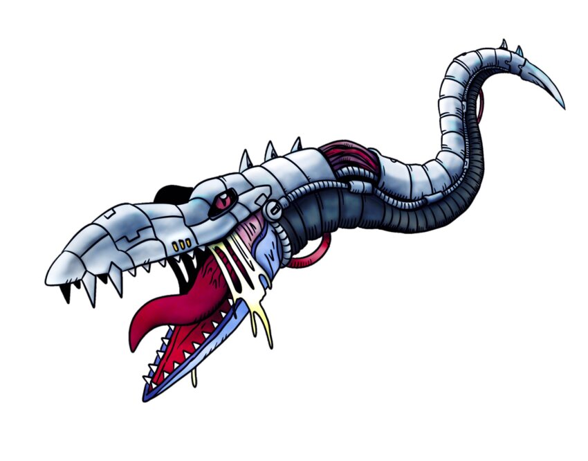1other deltamon digimon digimon_(creature) highres open_mouth original other_focus sharp_teeth simple_background solo tail teeth white_background