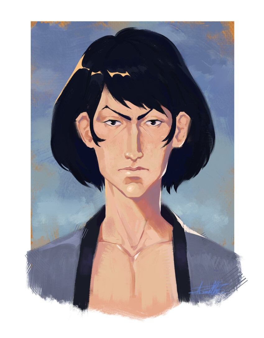 1boy absurdres az_artorius black_eyes black_hair clip_studio_paint_(medium) closed_mouth collarbone commentary english_commentary highres ishikawa_goemon_xiii japanese_clothes kimono looking_at_viewer lupin_iii male_focus painterly portrait samurai serious short_hair solo