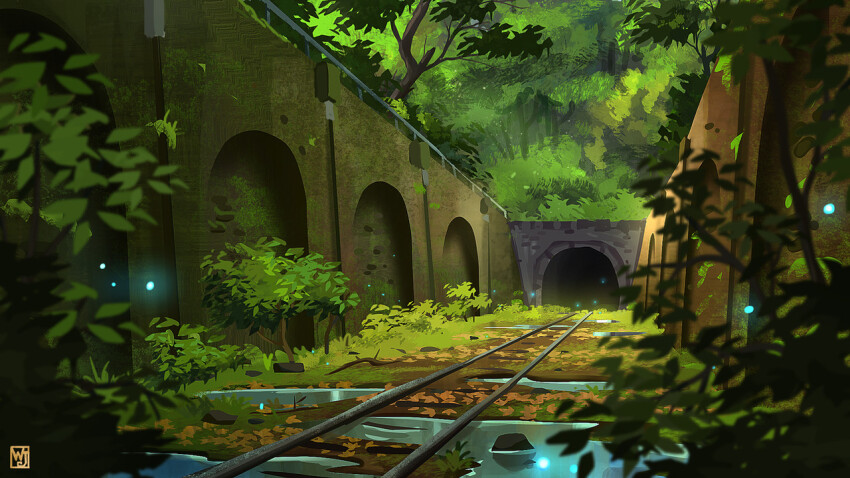 artist_logo bush commentary day english_commentary fireflies foliage forest glowing grass leaf light_particles logo nature no_humans no_lineart original outdoors plant puddle railing railroad_tracks rock scenery tree tunnel waltjan water wide_shot