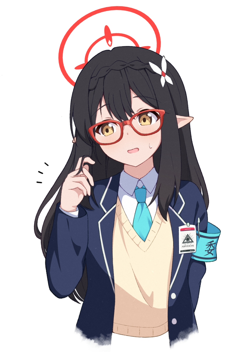 1girl alternate_hairstyle aqua_armband aqua_necktie armband ayane_(blue_archive) black_hair black_jacket blazer blue_archive braid collared_shirt commentary crown_braid dot_nose embarrassed glasses hair_between_eyes halo highres id_card jacket light_blush long_hair looking_to_the_side necktie open_clothes open_jacket open_mouth pointy_ears red-framed_eyewear red_halo shirt simple_background solo sweat sweater_vest upper_body white_background white_shirt yellow_eyes yellow_sweater_vest zundamochi_(sera)
