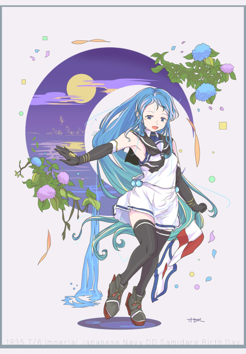 1girl absurdres black_gloves black_neckerchief black_sailor_collar black_thighhighs blue_eyes blue_hair crescent elbow_gloves full_body gloves gradient_hair highres kantai_collection long_hair looking_at_viewer moon multicolored_hair neckerchief sailor_collar samidare_(kancolle) school_uniform serafuku shirt signal_flag sleeveless sleeveless_shirt solo standing string_of_flags swept_bangs thighhighs thrux very_long_hair white_shirt
