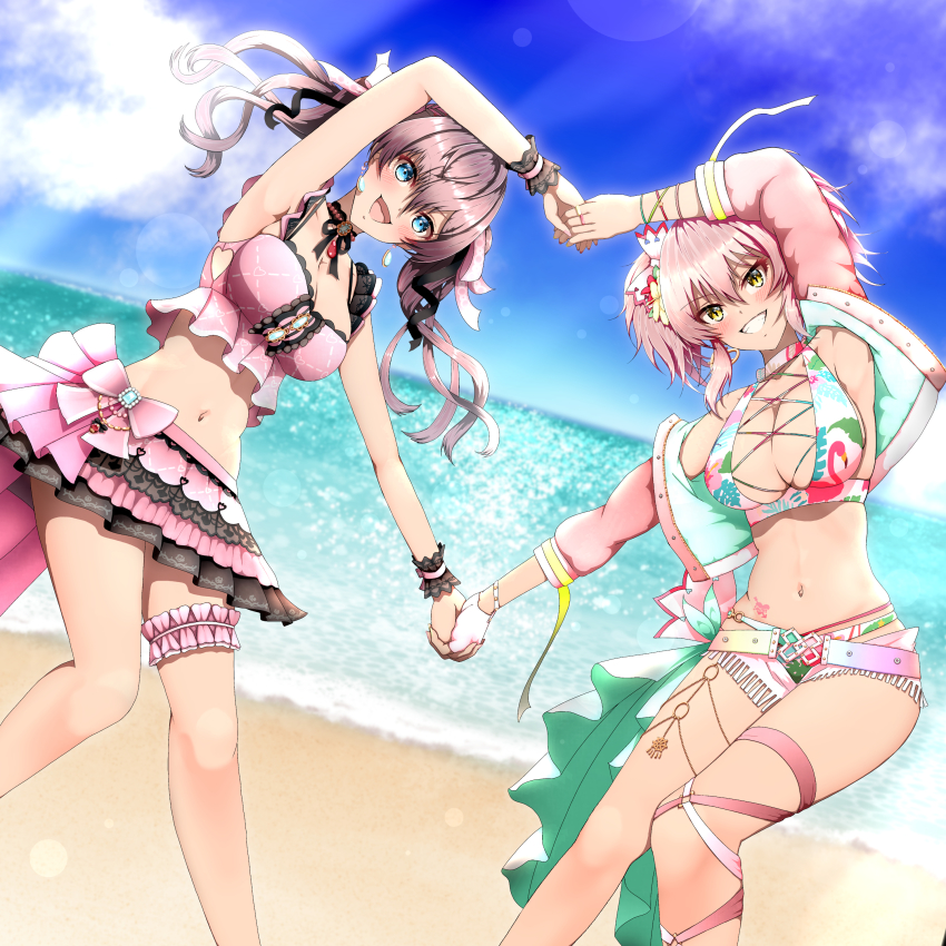 2girls :d absurdres arm_up armpits beach bikini bikini_under_clothes black_ribbon blue_eyes blue_sky blurry blurry_background bracelet breasts brown_hair cleavage clothing_cutout day earrings gem grey_skirt grin hair_between_eyes hair_ribbon heart_arms heart_arms_duo heart_cutout highres hitofudegaki_usagi holding_hands ichinose_shiki idolmaster idolmaster_cinderella_girls interlocked_fingers jacket jewelry jougasaki_mika large_breasts leg_ribbon lens_flare long_hair looking_at_viewer medium_breasts micro_shorts midriff miniskirt multi-strapped_bikini multicolored_skirt multiple_girls navel neck_ribbon o-ring o-ring_bikini ocean open_clothes open_jacket open_mouth open_shorts outdoors pendant pink_bikini pink_hair pink_jacket pink_ribbon pink_skirt pleated_skirt print_bikini print_skirt red_gemstone ribbon ring shorts sidelocks skirt sky smile standing stomach sunlight swimsuit thigh_ribbon thigh_strap twintails white_shorts wrist_cuffs yellow_eyes