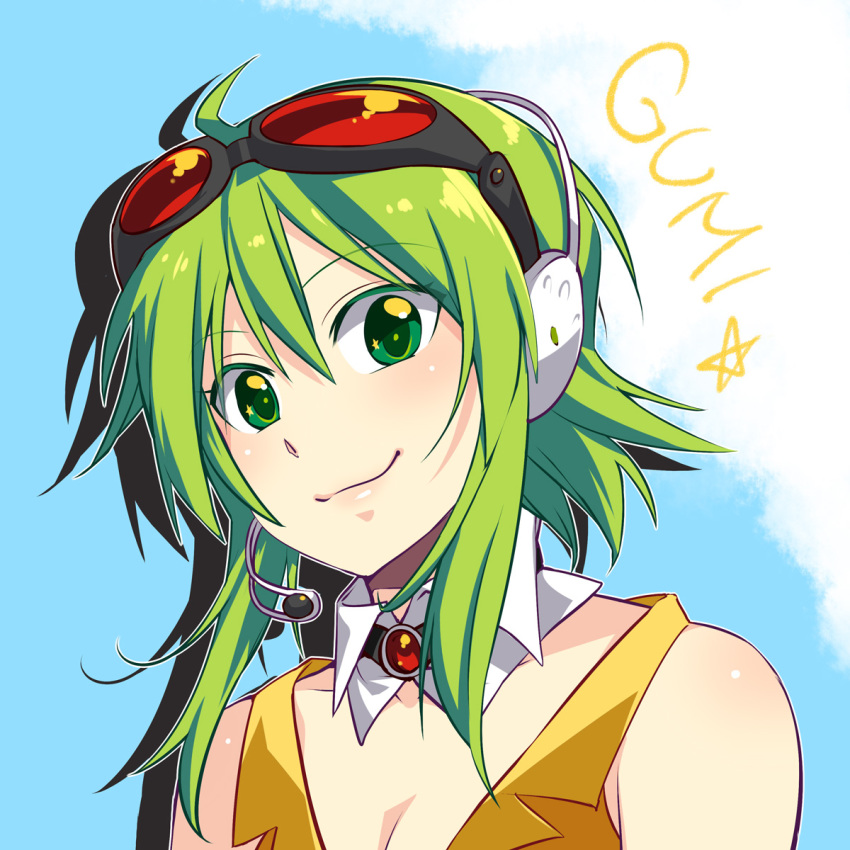1girl ahoge bare_shoulders caffein character_name detached_collar female_focus goggles goggles_on_head green_eyes green_hair gumi headset highres matching_hair/eyes red-tinted_eyewear short_hair smile solo tinted_eyewear upper_body vocaloid