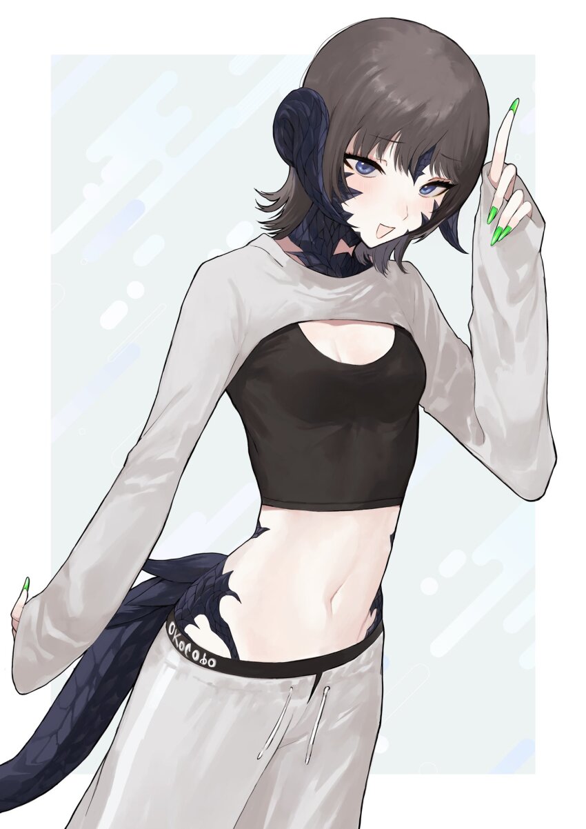 1girl :d au_ra blue_eyes blush breasts brown_hair final_fantasy final_fantasy_xiv fingernails forward-facing_horns green_nails grey_pants hand_up highres horns index_finger_raised long_fingernails long_sleeves looking_at_viewer medium_hair midriff monster_girl multiple_tails navel nns_ff14 open_mouth pants pinching_sleeves scales shrug_(clothing) sleeves_past_wrists small_breasts smile solo tail warrior_of_light_(ff14)