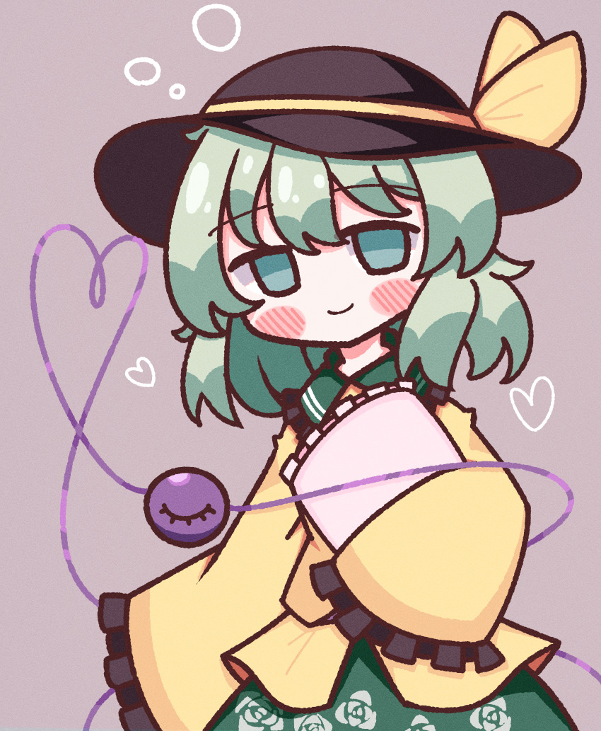 1girl absurdres blush_stickers bow collar floral_print flower frilled_collar frilled_sleeves frills green_eyes green_hair green_skirt hat hat_bow heart heart_of_string highres holding holding_pillow komeiji_koishi long_sleeves looking_at_viewer pillow purple_background rose rose_print shirt short_hair simple_background skirt sleeves_past_fingers sleeves_past_wrists smile solo third_eye touhou waroemon yellow_bow yellow_shirt