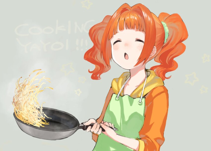1girl apron bean_sprout blunt_bangs closed_eyes cooking frying_pan green_apron green_scrunchie hair_ornament hair_scrunchie holding holding_frying_pan hood hood_down hoodie idolmaster idolmaster_(classic) karamomo open_mouth orange_hair orange_hoodie scrunchie solo takatsuki_yayoi twintails upper_body