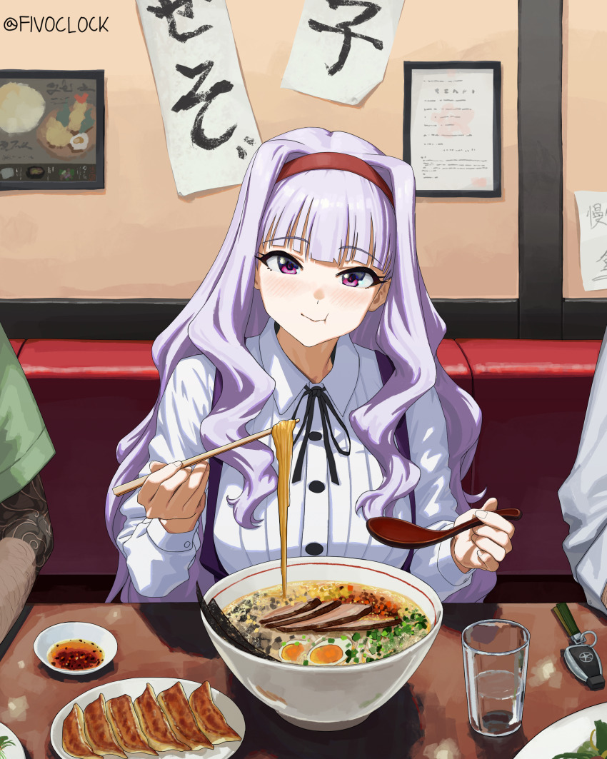 1girl 2boys absurdres arm_tattoo blush booth_seating bowl breasts chewing chopsticks closed_mouth collared_shirt cup drinking_glass dumpling eating fivoclock food grey_hair hairband hardboiled_egg highres holding holding_chopsticks idolmaster idolmaster_(classic) indoors jiaozi long_hair long_sleeves looking_at_viewer multiple_boys noodles nori_(seaweed) plate purple_eyes ramen red_hairband restaurant shijou_takane shirt sitting table tattoo twitter_username white_shirt