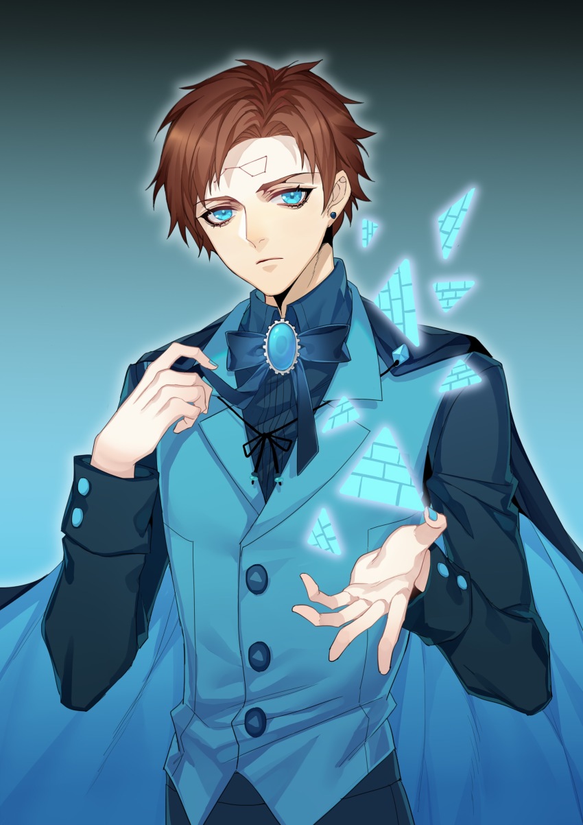 1boy absurdres animification black_shirt blue_background blue_bow blue_bowtie blue_cape blue_eyes blue_gemstone blue_nails blue_shirt blue_theme blue_vest bow bowtie brown_hair cape closed_mouth dipper_gleeful dipper_pines earrings frown gem gradient_background gravity_falls hands_up highres holding jewelry lapels long_sleeves looking_at_viewer male_focus nail_polish reverse_falls_(gravity_falls) rjun1431 shirt short_hair solo stud_earrings triangle two-sided_cape two-sided_fabric upper_body vest
