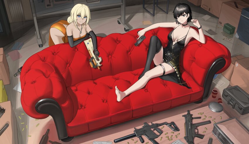 2girls absurdres ammunition ammunition_box armpits bare_shoulders barefoot beer_bottle bent_over black_choker black_dress black_hair black_thighhighs blonde_hair blue_eyes breasts bullet bullpup choker cleavage collarbone couch cup disposable_coffee_cup disposable_cup double-parted_bangs dress elbow_gloves eyelashes feet full_body glock gloves gold_trim gun h&amp;k_ump hair_between_eyes handgun handgun_cartridge highres holding holding_gun holding_weapon indoors jewelry knee_up kriss_vector legs long_hair looking_at_viewer medium_breasts multiple_girls nail_polish necklace on_couch orange_dress original p90 parted_lips personal_defense_weapon pistol pistol_cartridge sedai shadow short_dress short_hair side_slit single_thighhigh sitting strapless strapless_dress submachine_gun suppressor table thigh_strap thighhighs toenail_polish toenails toes weapon wristband