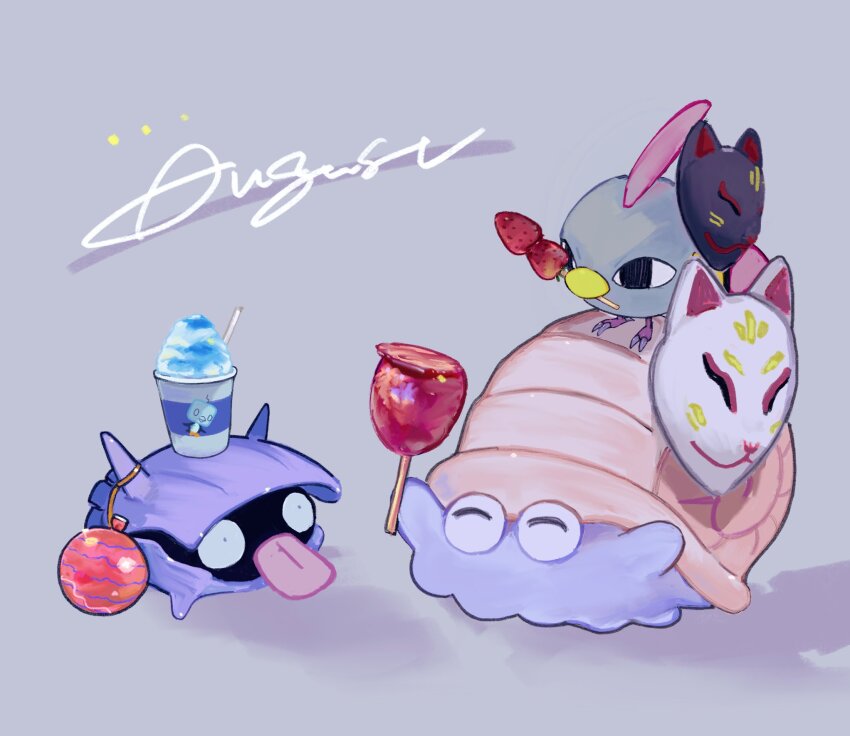 ^_^ animal_focus bird candy closed_eyes commentary_request cup drink eiscue food fox_mask fruit gen_1_pokemon gen_2_pokemon gen_8_pokemon grey_background highres holding holding_candy holding_food mask natsumekan natu nintendo no_humans omanyte pokemon pokemon_(creature) shell shellder signature simple_background strawberry tongue tongue_out